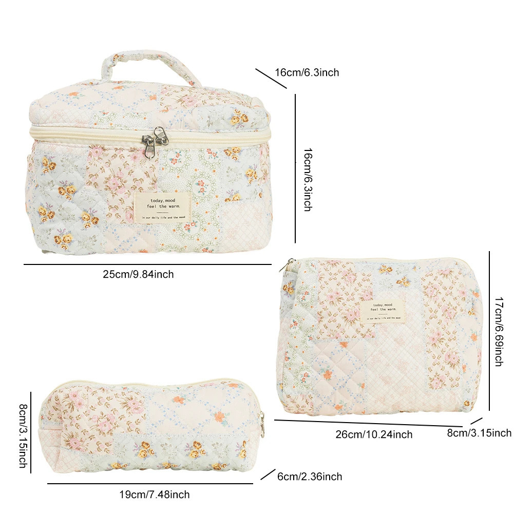 Women Large Toiletry Organizer Bag 3 Pcs Cotton Quilted Floral Cosmetic Bag Zipper Toiletry Bag Travel Bag 250221