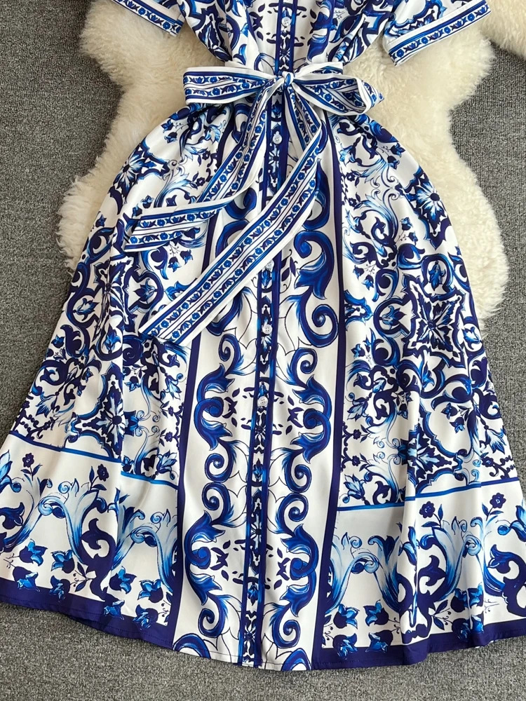 Summer Holiday Floral Midi Dress Shirt Women Blue White Porcelain Print Vestidos Female Short Sleeve Single Breasted Robe250222