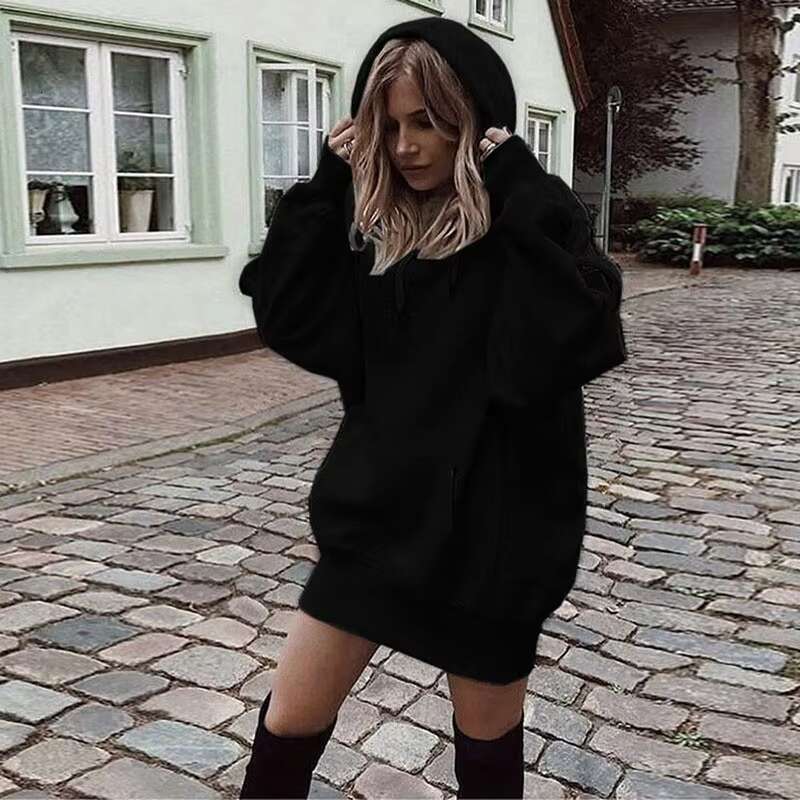 New Fashion Solid Color Sweatshirt Women Long Pullover Coat Fleece Plus Size Hoodie