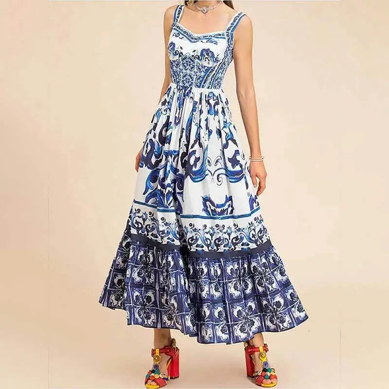 2025 Summer European And American Womens Fashion Bohemian Elegant Light Midi Length Printed Strap Dresses250222