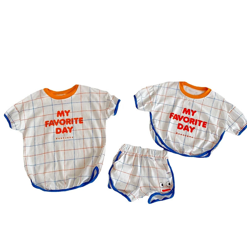 Korean Summer Children Boys Clothes Set Style Short Sleeve TShirt Shorts Girls Dress Suit Brother And Sister 250221