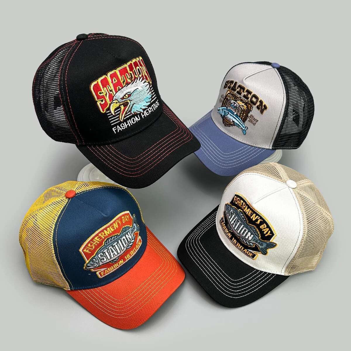 Sports Fish Eagle Bear Embroidery Baseball Hats New Unisex Sunshade Color Block Breathable Fashion Mesh Versatile Trucker Caps