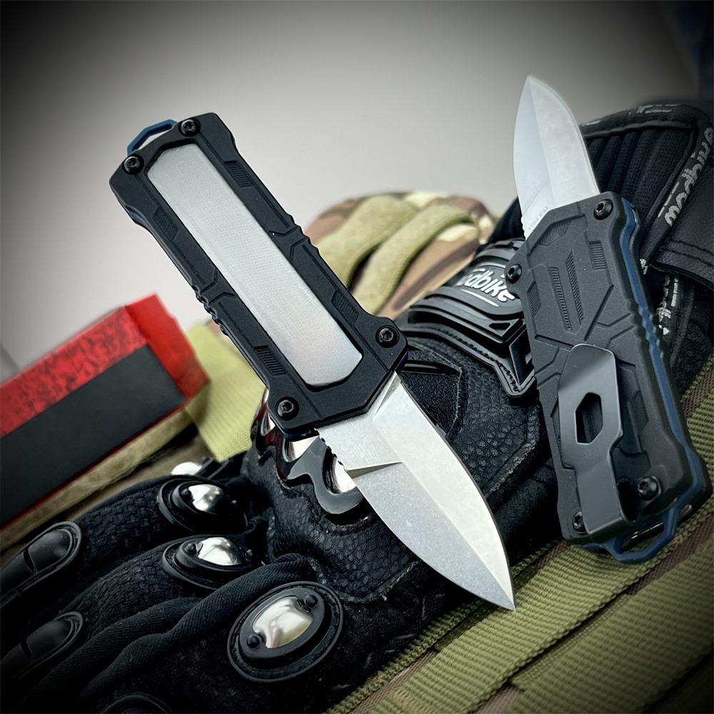 NEW 1190 Jens Anso Kapsule OTF Tactical Pocket Knife 1.9" Stonewashed Spear Point Blade Black Nylon Fiber Handles Outdoor Hunting Survival Camping Tool 1660 9000 3300