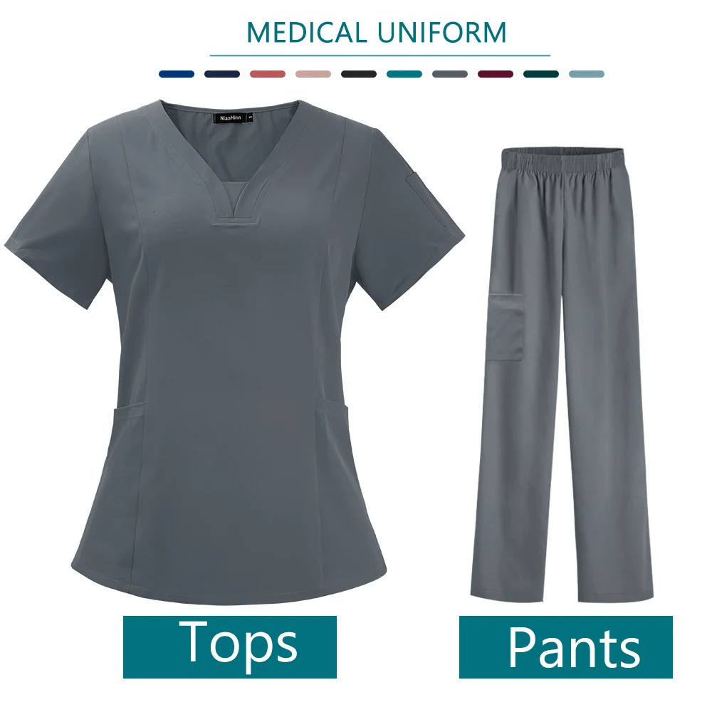 Nurse Uniform High Quality Pet Grooming Care Workwear Set Scrubs Operating Room Gown Short Sleeve Elastic Pants 250225