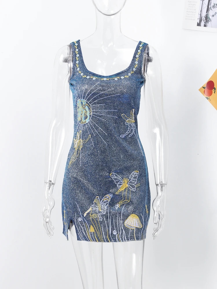 Embroidery Printing Sequins Party Dress Women Sexy Slim Sleeveless Sling Split A-line Dresses Mini Hip Package Lady Robes 250225