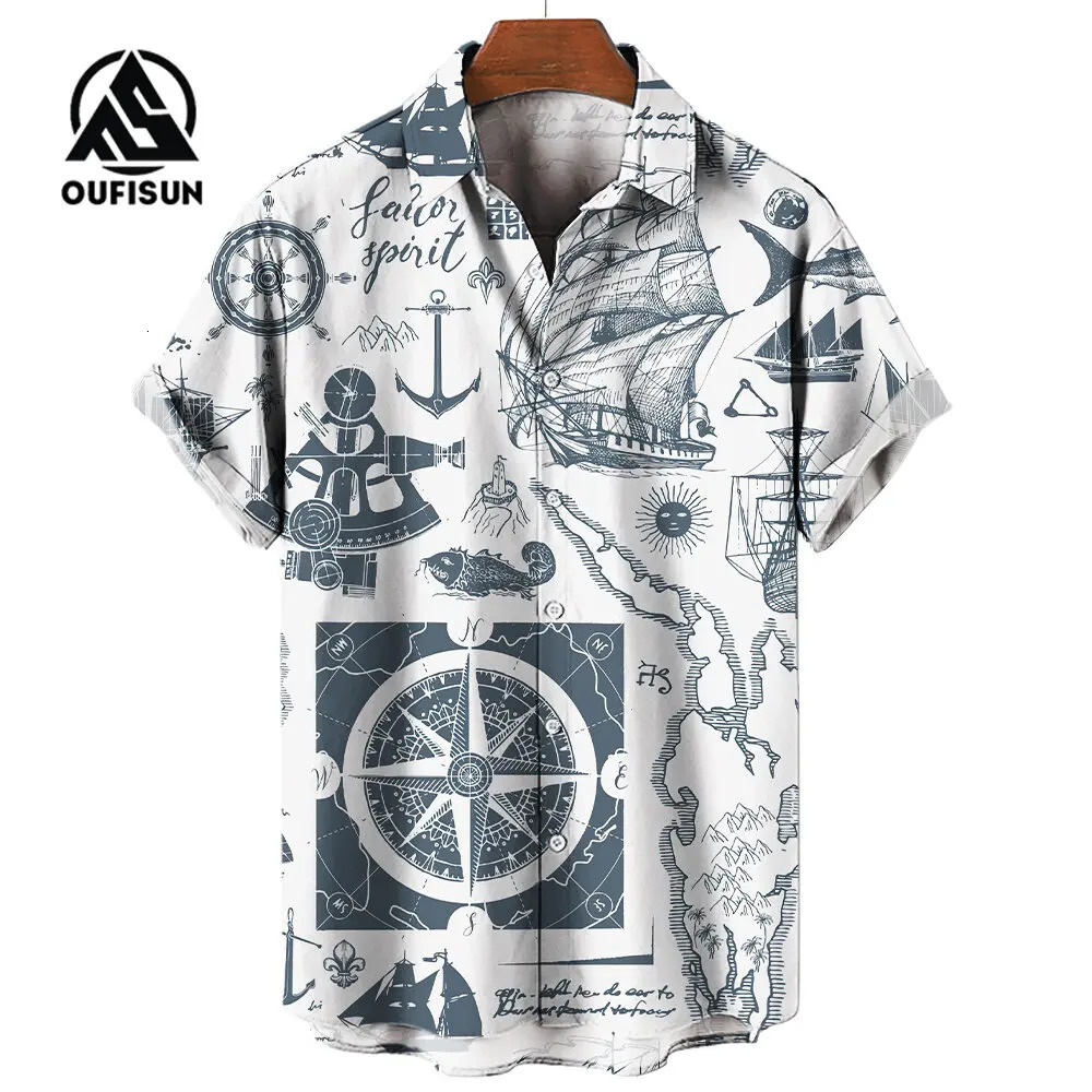 Mens Short Sleeve Shirt Summer Fashion Nautical Compass Anchor Printed Tops Mens Casual Loose Shirts Oversized Size S-5XL 250226