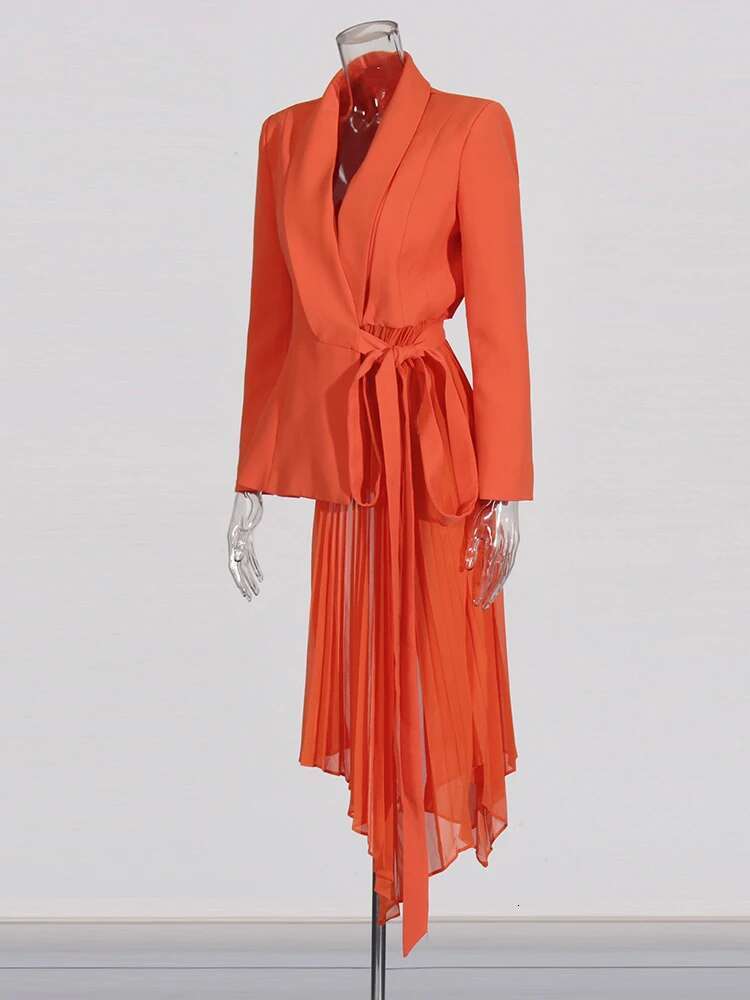 Solid Ruffles Blazer For Women Notched Collar Long Sleeve Spliced Lace Up Slimming Temperament Coats Female