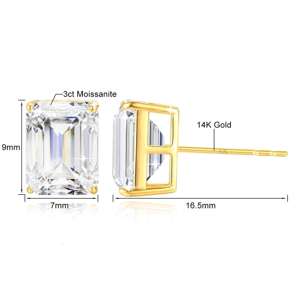 Pure 14k Gold Moissanite Stud Earrings Brilliant Dia Emerald Cut Engagement Wedding Jewelry Gifts for Women