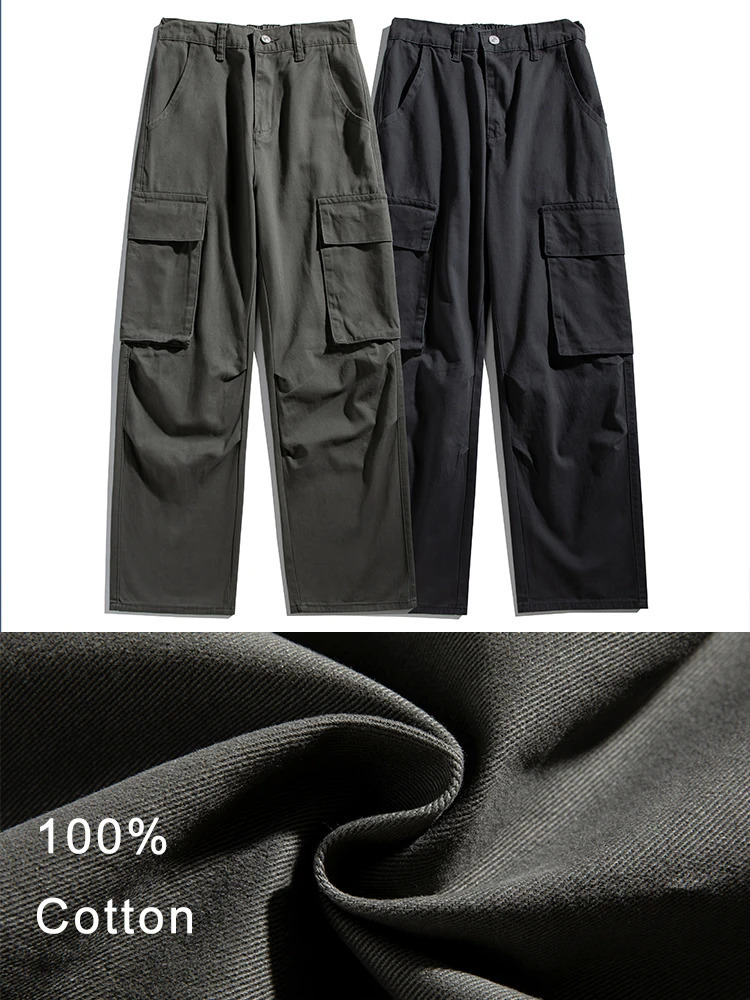 Mens Cargo Pants Spring Summer Korean Fashion 100% Cotton Baggy Style Wide Leg Casual Pants Loose Fit Straight Trousers 250226