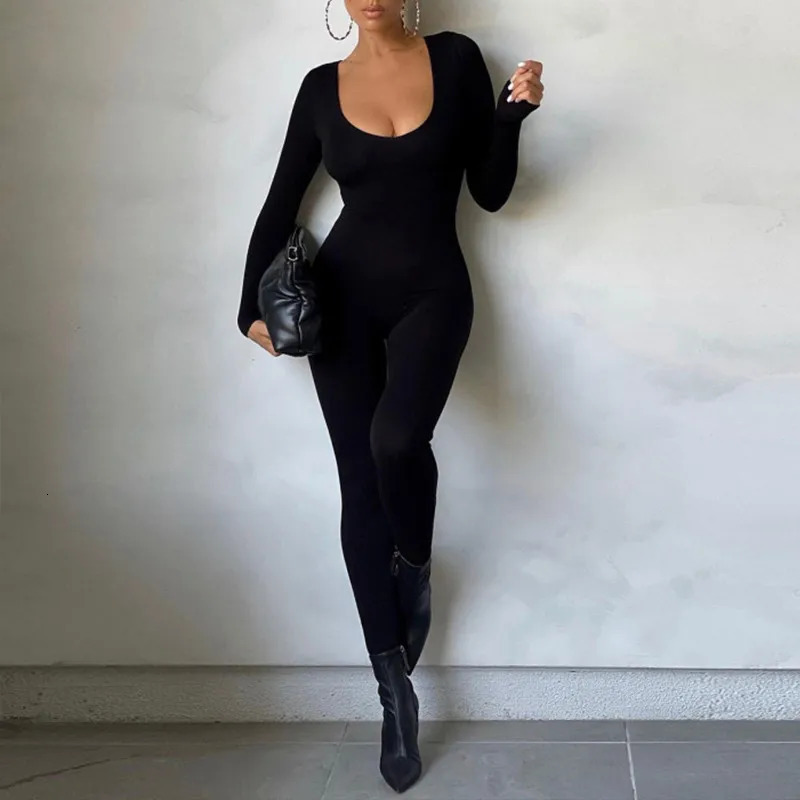 Black Jumpsuits Women Autumn Winter Long Sleeve Bodycon Sexy Solid Rompers Fashion Streetwear Casual Sporty Skinny Jumpsuits 250224