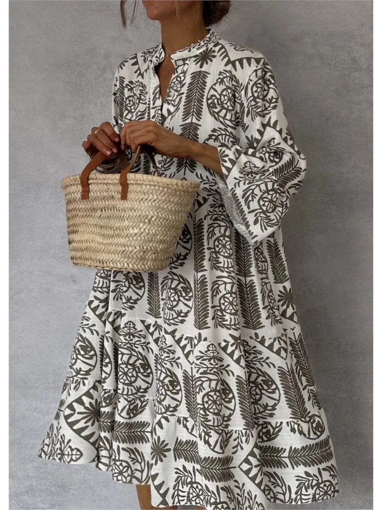 Autumn Casual Print Vacation Loose Dress Women Fashion V-neck Flare Sleeve Elegant Ruffle Shirt Dress Female Vintage Loose Dress 250225