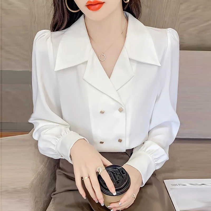 Double Breasted French Turn Down Collar Long-sleeve Solid Top Office Lady Shirt And Blouses Casual Woman Clothing Simple Elegant 250226