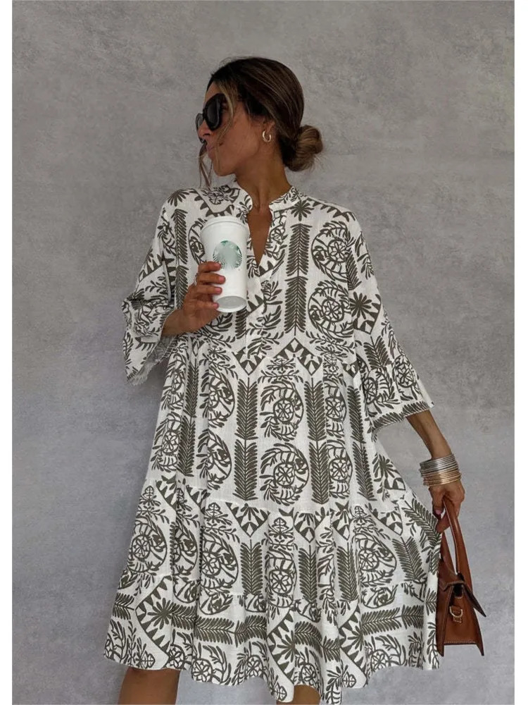 Autumn Casual Print Vacation Loose Dress Women Fashion V-neck Flare Sleeve Elegant Ruffle Shirt Dress Female Vintage Loose Dress 250225