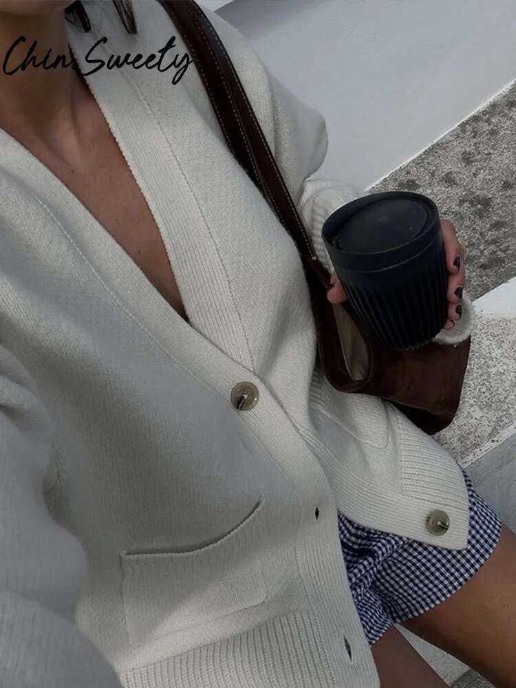 Lazy Knitted Women Cardigan Autumn Loose Long Sleeve V-Neck Single Breasted Pocket Female Sweater 2024 Fashion Lady Knitwear