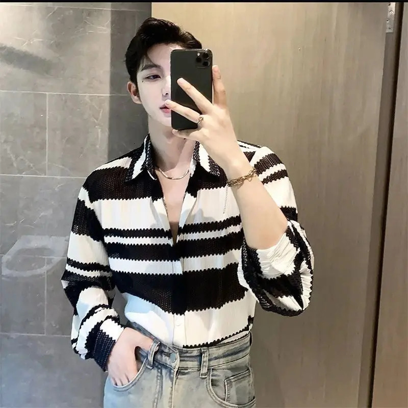 Senior Trend Fashion Niche Sense of Thin Style Cool Stripe Hollow Out Loose Handsome Temperament Mens Shirts Autumn 250224