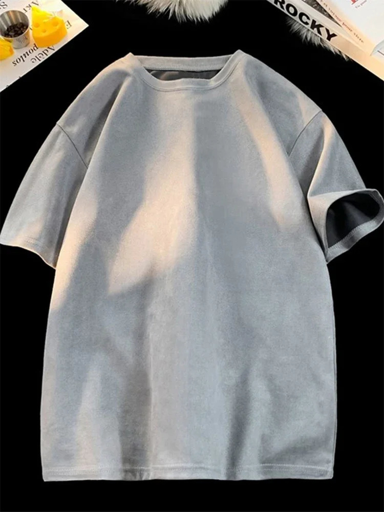 Retro Suede T-shirt Men Women Anti-wrinkle Loose Crew Neck Casual TShirts Summer Short Sleeve Fashion High Street T Shirt 250225