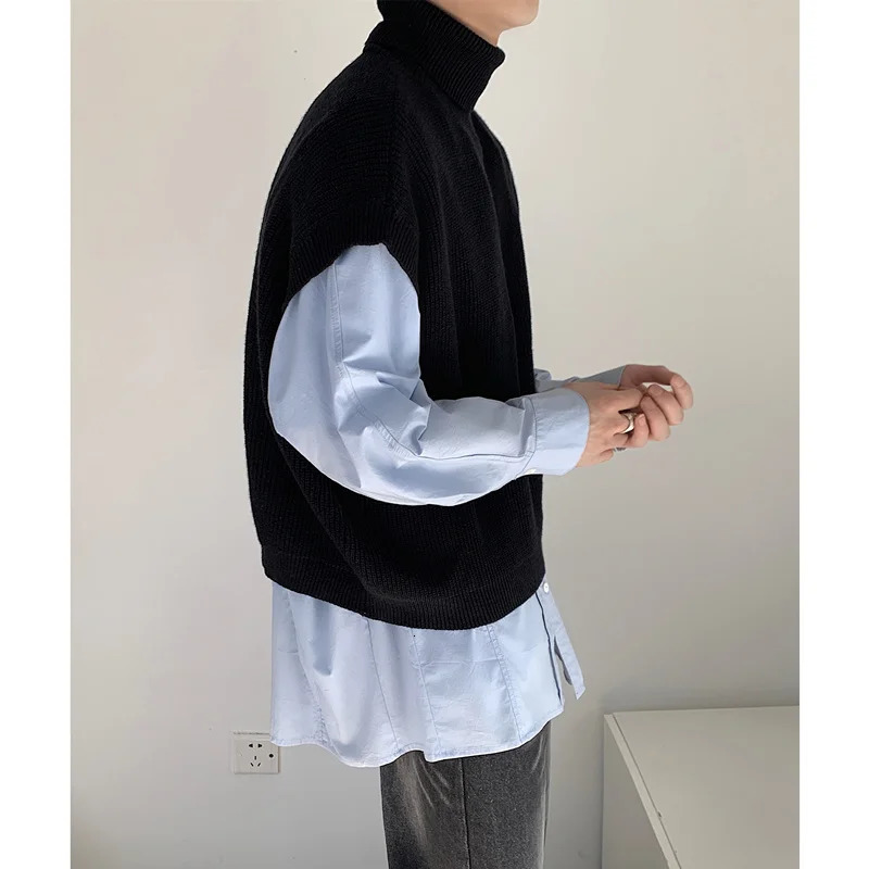 Turtleneck Sweater Vest Men Warm Fashion Winter Casual Knitted Pullover Korean Loose Short Mens Jumper Clothes 250225