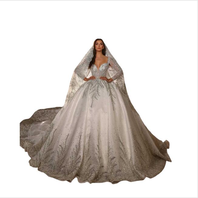 Exquisite V Neck Wedding Dress Ball Gown Custom Made Luxury Beading Sequins Lace Long Sleeve Church Bridal Dresses