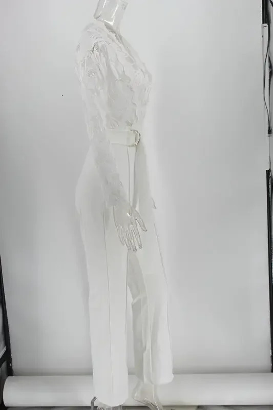 In Jumpsuit Women White Overalls Party Lace Rompers Bodysuit One Piece Long Sleeve V-neck Long Pants Y2k Elegant Spring Work 250225