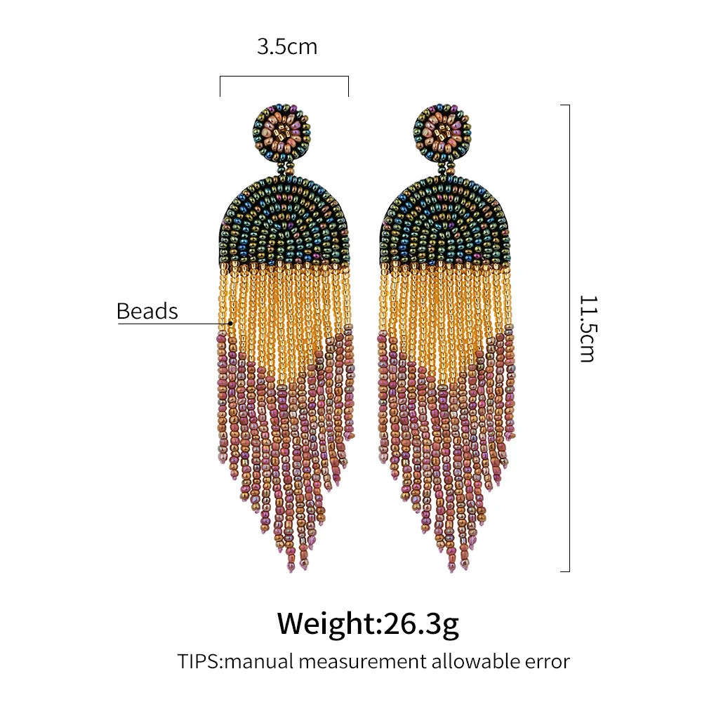 Boho Jewelry Wholesale Chic Art Deco Long Dainty Ethnic Bohemian Black Fringe Tassel Dangle Rice Seed Beaded Earrings for Women 250225