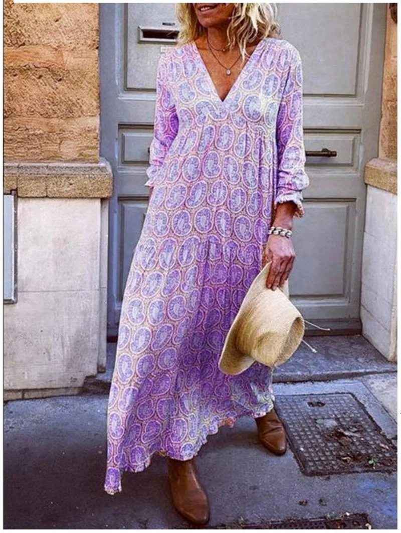 Casual Bohemian Style Beach Dresses For Women Fashion Printed Sexy V-neck Long Sleeve Loose Maxi Dress Vestidos Streetwear 250225