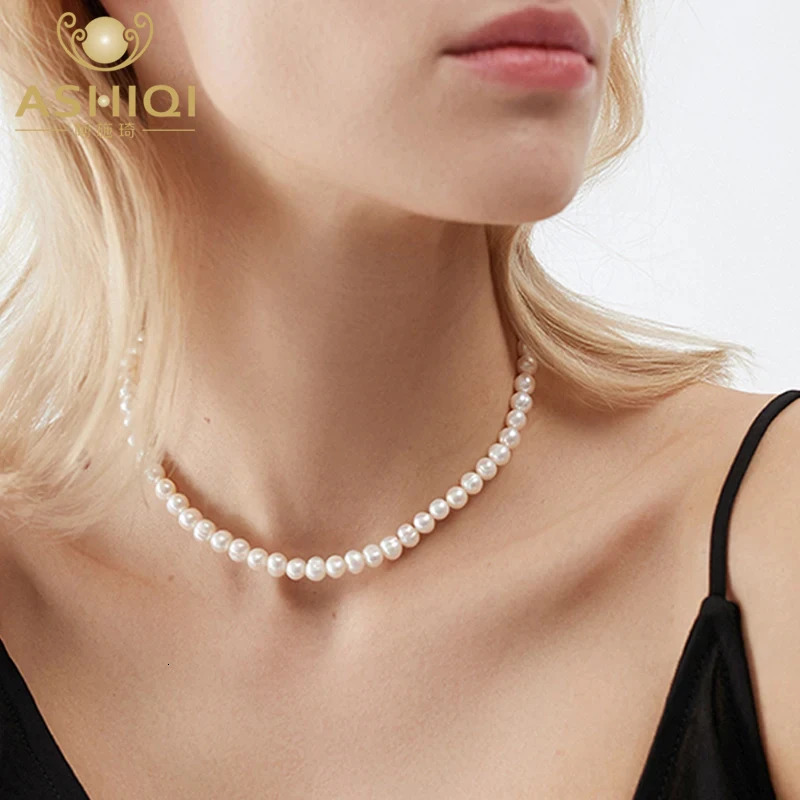ASHIQI Genuine Natural Freshwater Pearl Necklaces White 925 Sterling Silver Wedding Jewelry for Women Gift 250222