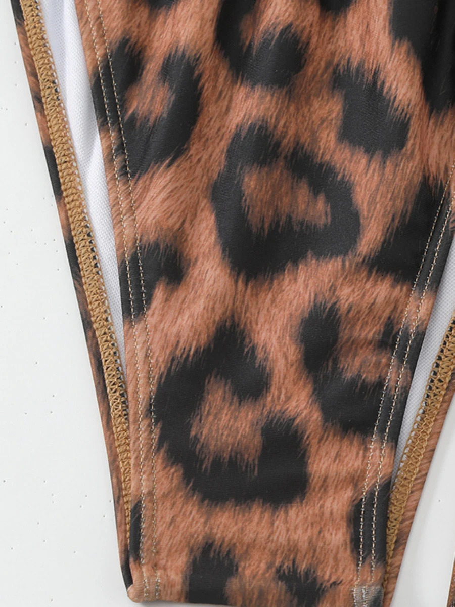 3 Pieces Leopard Triangle Halter String Bikini Hollow Out Swimsuit Women Swimwear Female Bathers Bathing Swimming Swim Suit 250225