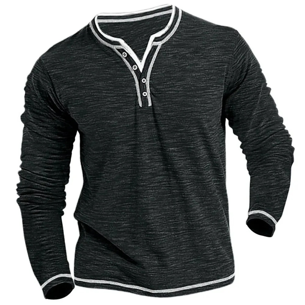 Cotton Small V-neck T-shirts Mens Casual T-shirt Fall Winter Long-sleeved Comfortable Soft Stretch Henley Shirt 250225