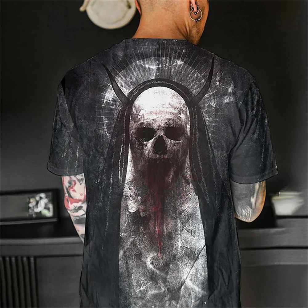 Vintage T Shirt For Men Summer Horror UndeadSkulls Pattern Printed Short Sleeve Oversized T-shirt Loose Men Clothing s-5XL 250226