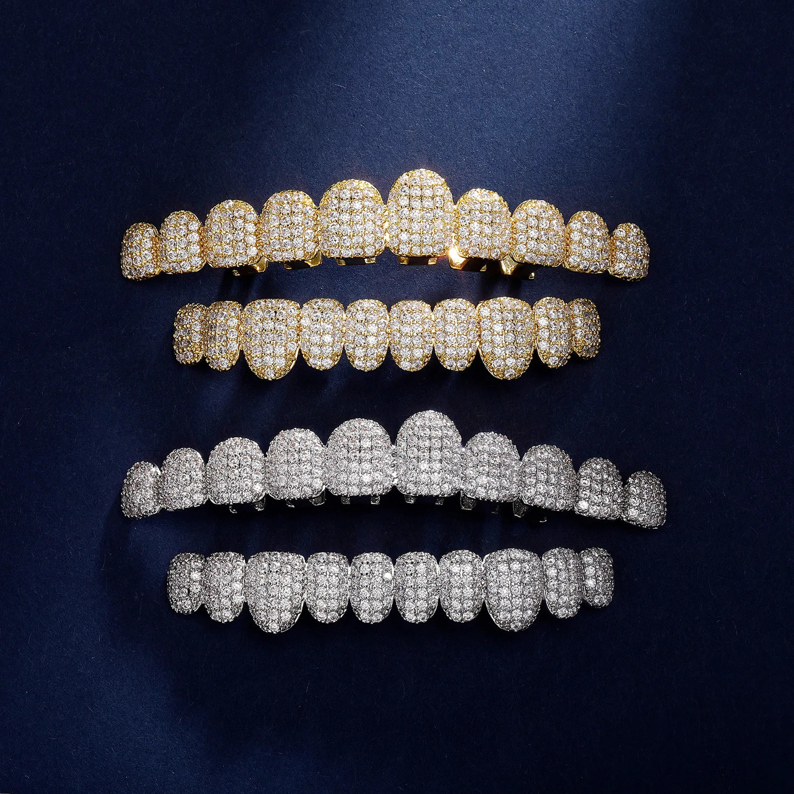 More Longer Shape Iced Out Teeth Hip Hop 10/10 Top Bottom Grills Dental Mouth Punk Teeth Caps Cosplay Party TG103 250220