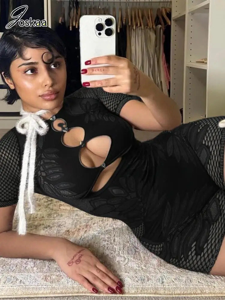 Joskaa Print Hollow Out Playsuits Women Sexy O-Neck Short Sleeve Skinny One Piece Rompers Summer Coqutte Nighclub Outfits 250225