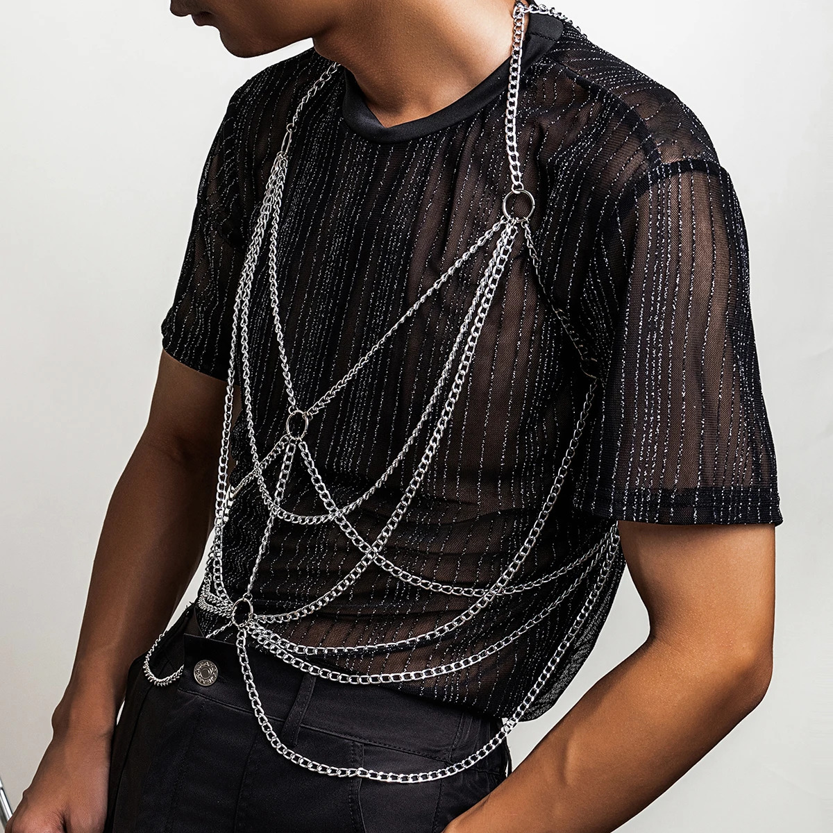 KunJoe Punk Multilayer Circle Aluminum Cross Chain Halter Chest Chain for Men Gay Harness Sexy Party Clubwear Body Jewelry 250225