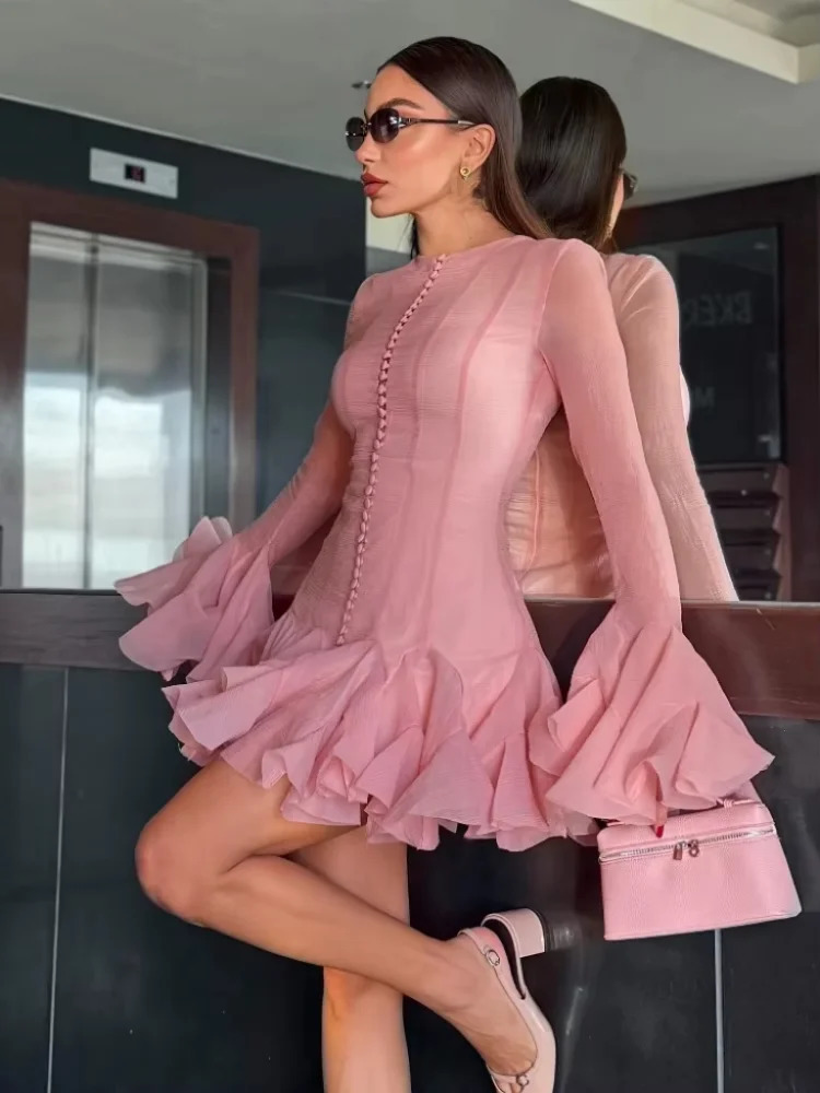 O Neck Pink Ruffle Button Female Vestidos Fashion Long Sleeve High Waist Prom Dresses Spring Lady Short Evening Dress 250226