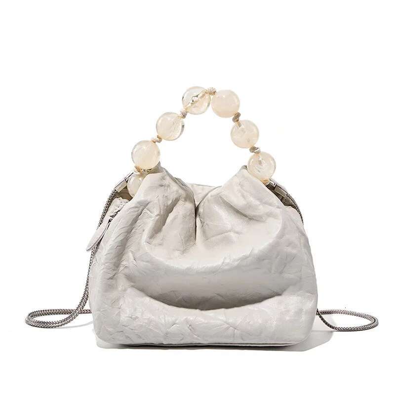 First Layer Of Cow Leather Mini Pouch Beaded Handle 3 Wearing Ways Chain Strap Shoulder Crossbody Bag For Women