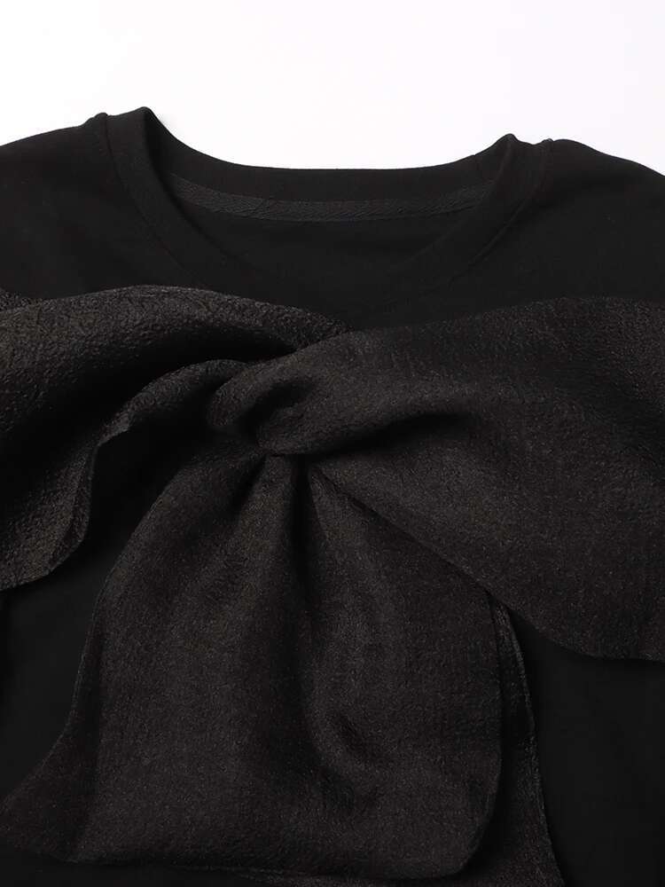 Solid Patchwork Bowknot Shirt For Women Round Neck Off Shoulder Long Sleeve Slimming Temperament T Shirts Female