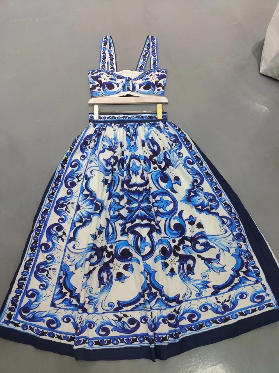 Women Dress Runway Summer Clothes Midi Dress Spaghetti Strap Blue White Porcelain Elastic Bust A-line Vintage Long Dresses250222