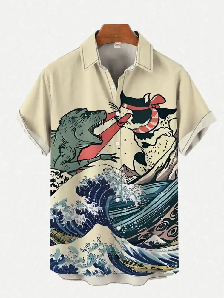 Japanese high-end Art Style Aircraft Print mens short-sleeved Shirt Casual Hawaiian Top Shir 250226
