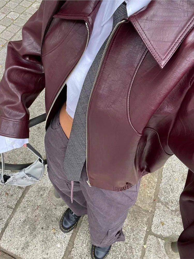 Breasted Pocket PU Leather Jacket Lapel Maillard Women Motorcycle Leather Coat Vintage Spring Autumn Commute Short Overcoat Top 250225