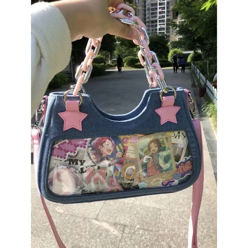 Summer Fashion Casual Cool Dark Diagonal Cross Bag Hip-hop Style Denim Pink Women's Designer Bag Star Chain Armpit New Large Capacity Handbag Wal