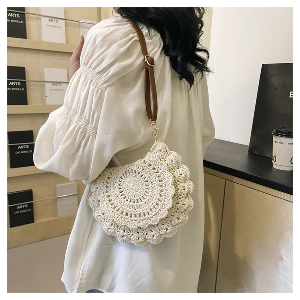 Fashion Hollow Woven Shoulder Bag For Women Handmade Cotton Thread Crochet Crossbody Bag Summer Beach Bag Flip Button Handbag 250224