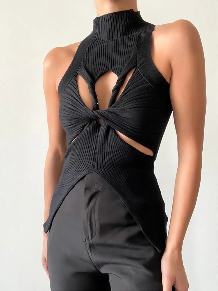 VGH Fashion Minimalist Hollow Out Solid Sexy Tank Tops For Women Stand Collar Sleeveless Off Shoulder Irregular Vest Female 250225