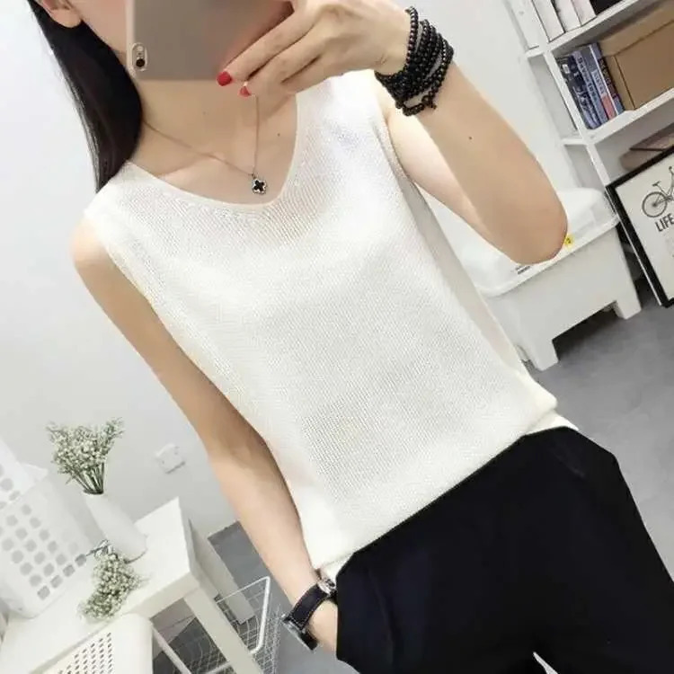 Spring Summer Tank Tops Women Sleeveless Knitted Loose Singlets Camisole Loose T Shirt Ladies Vest Cotton Slim Ladies Thin Vest 250226
