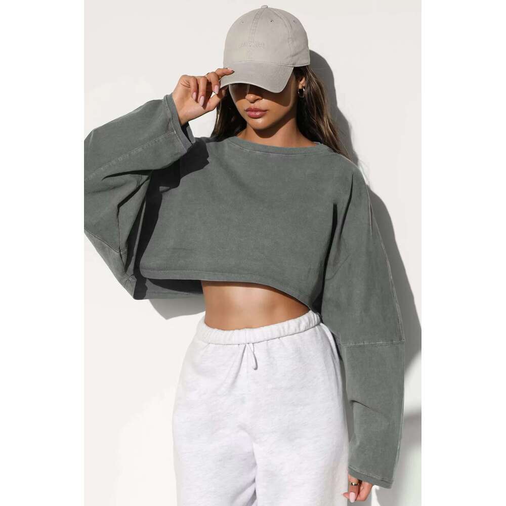 Korean Hoodies For Women Crew-Neck Hoodie Women's Short Sports Base T-Shirt Knit Shirt Long Sleeve Top