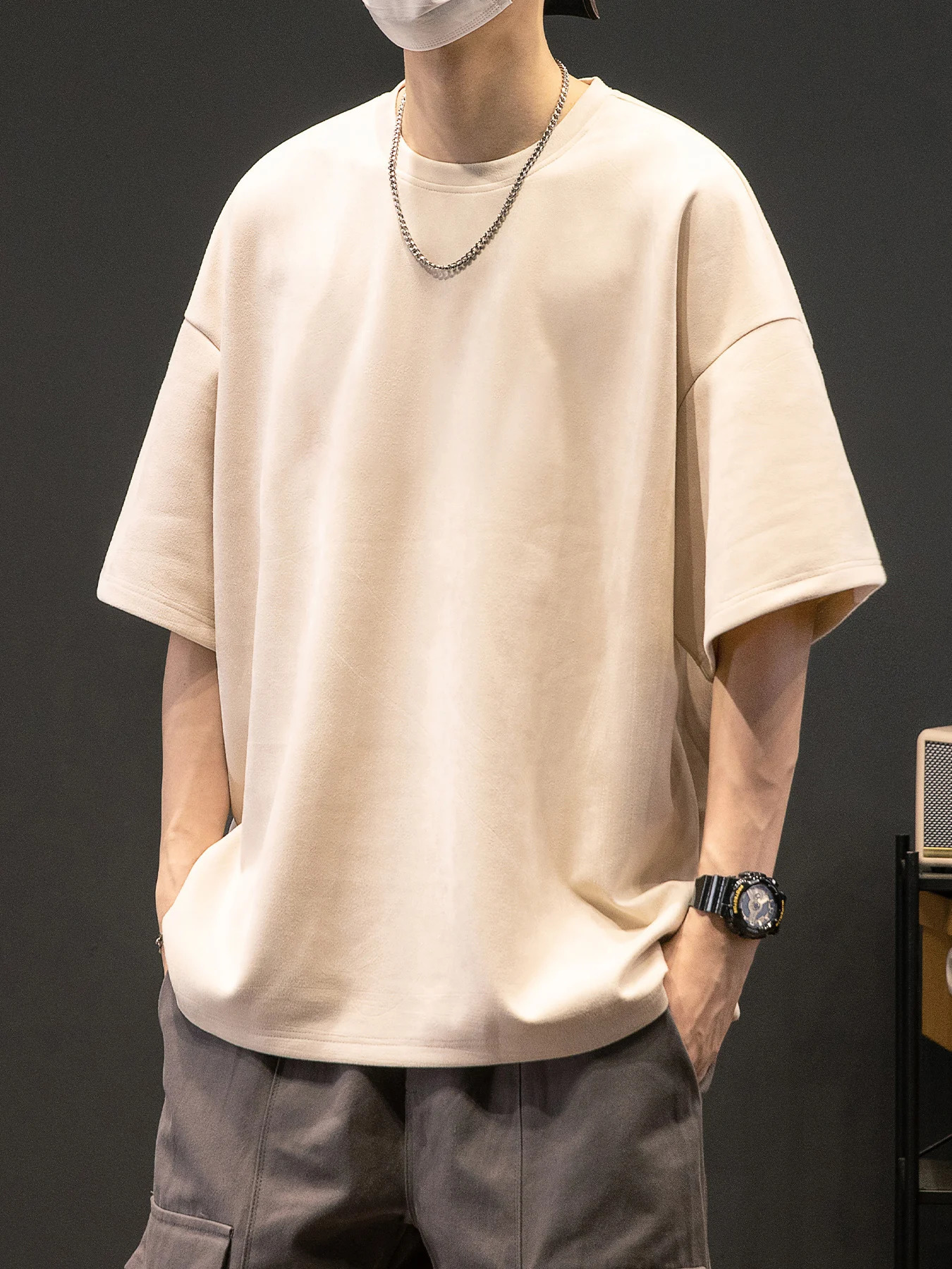 Mens Summer American Suede Top Fashion Casual Vintage Short Sleeve Versatile T-shirt 250225