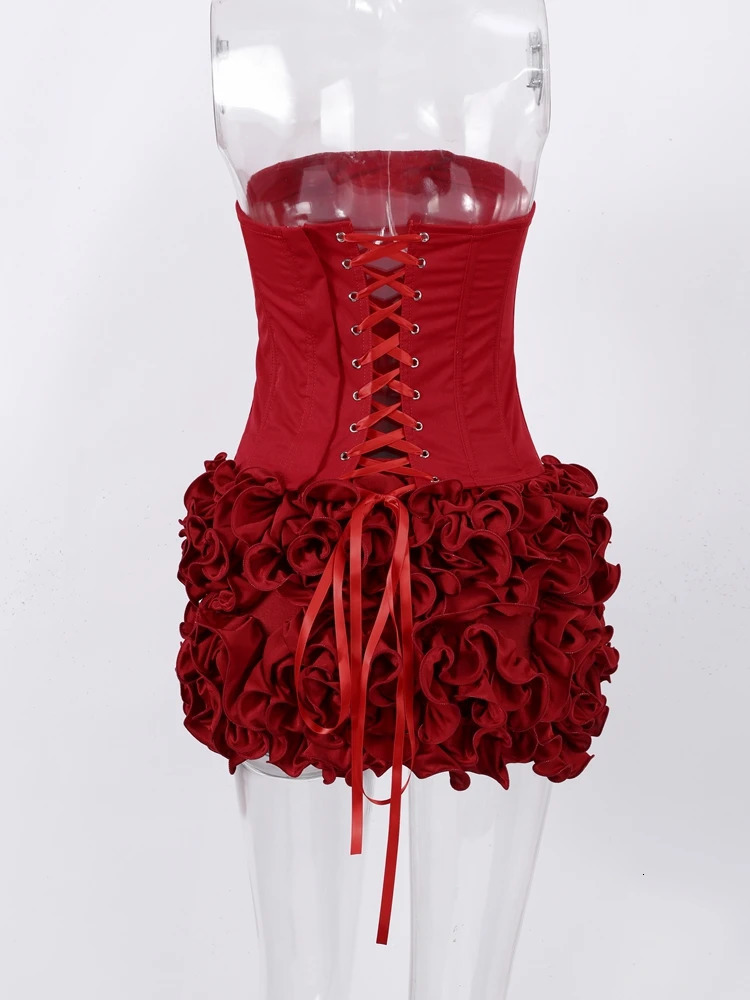 Sexy Red 3D Flowers Dress Suits Women Fishbone Bandage Adjustable Tube Top Flower Mini Skirt Suit Party Club Lady Outfits 2024 250224