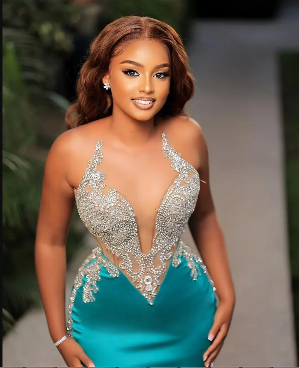 Teal Blue Mermaid Prom Dresses African Girls Sheer Neck Shiny Beaded Appliques Long Party Dress Aso Ebi Style Evening Gowns B0313