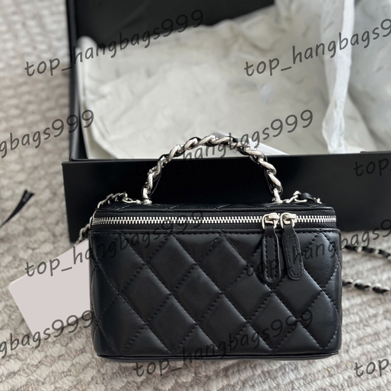 Laides Soft Lambskin Makeup Vanity Box With Mirror Top Metal Studded Diamond Handle Classic Quilted Card Holder Cosmetic Case Gold Chain Crossbody Bag 19cm