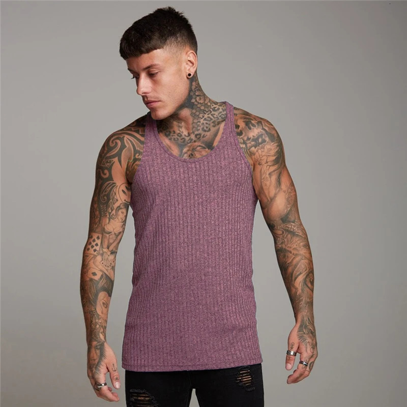 Pit striped knitted Y back fitness vest top mens bodybuilding pendant single sleeve slim fit muscle sleeveless sports shirt 250221