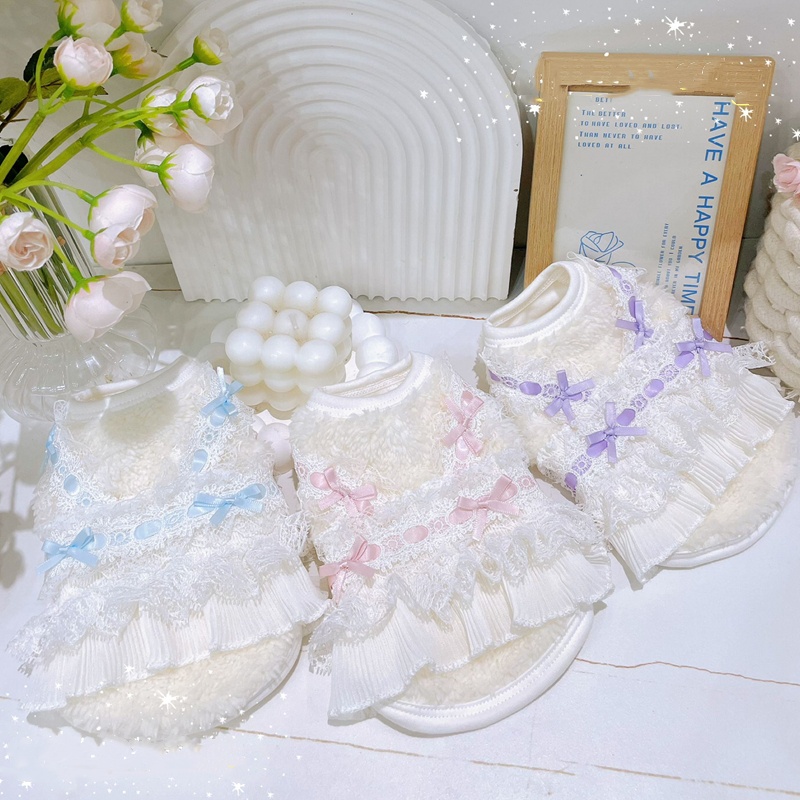 Dog Clothes Cat Clothes with Lace Bow Decoration, Comfortable and Soft Wool Material Dog Vest, Thick and Warm Winter Clothes with Velvet for Small Med