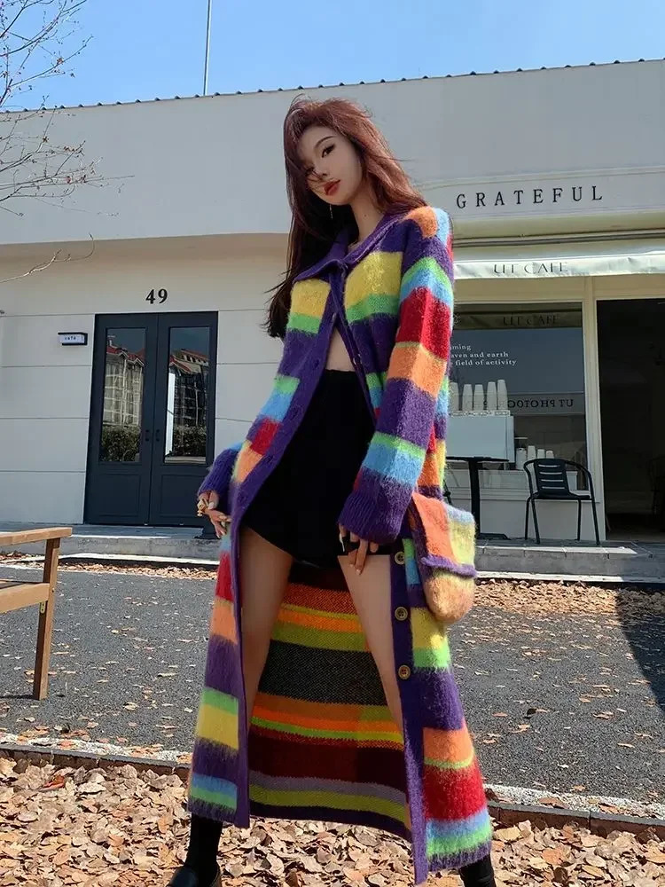Hikigawa Chic Fashion Mohair Women Rainbow Striped Knitted Cardigan Long Coats Loose Contrast Color Sweater Outerwear Mujer 250225